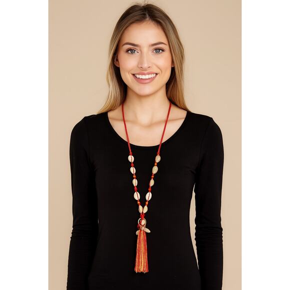 MIA Collection Cowrie Shell Tassel Long Necklace Red Cord Adjustable Boho Women - Picture 1 of 9
